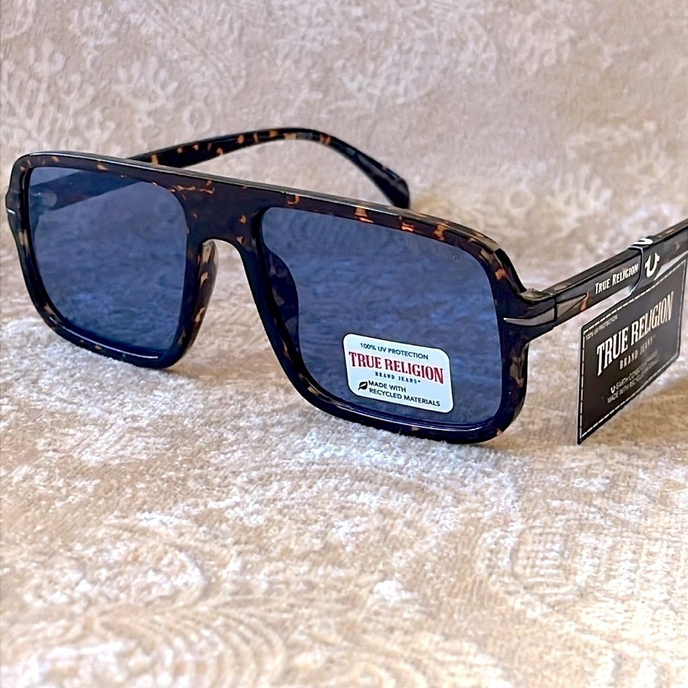Brand New True Religion Tortoise Shell Retro Aviator Shield Sunglasses Blue Lens